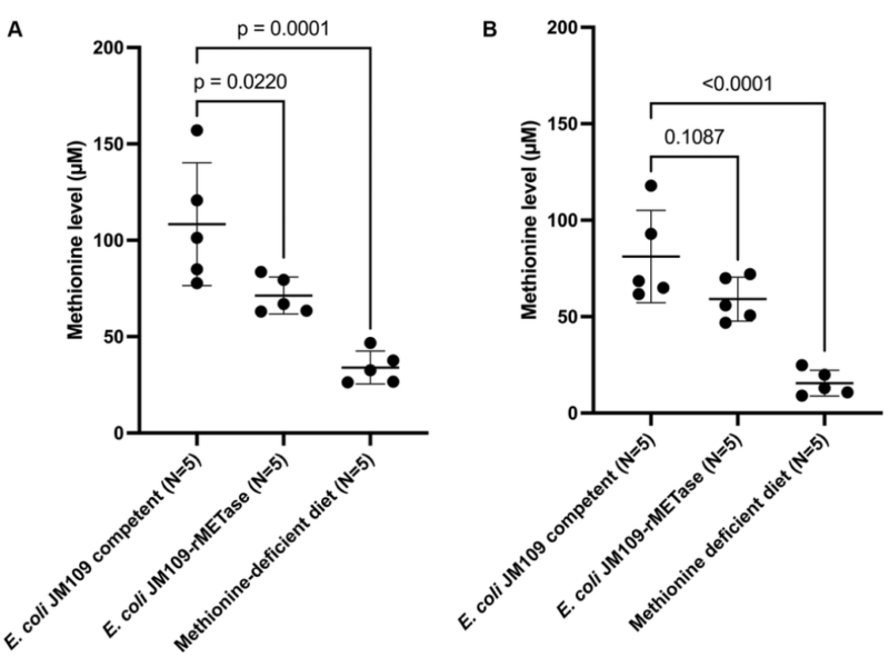Figure 4. Blood methionine level at day 15 (A) and day 29 (B).