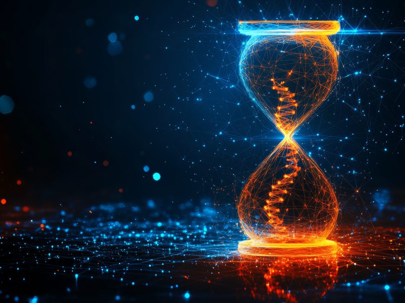 A dark blue background serves as the setting for a futuristic depiction of longevity and life expectancy, complete with a glowing low-polygon DNA helix and hourglass